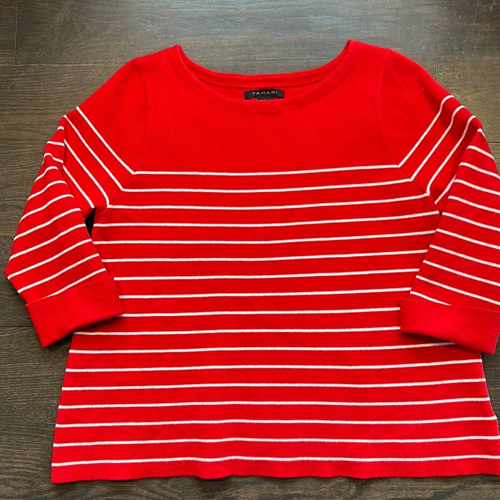 Tahari Boatneck Red Sweater with White Stripes. 3/4 Length Sleeve